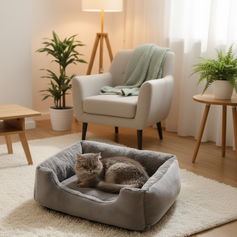 Coussin nid douillet gris taupe pour chien et chat mémoire de forme